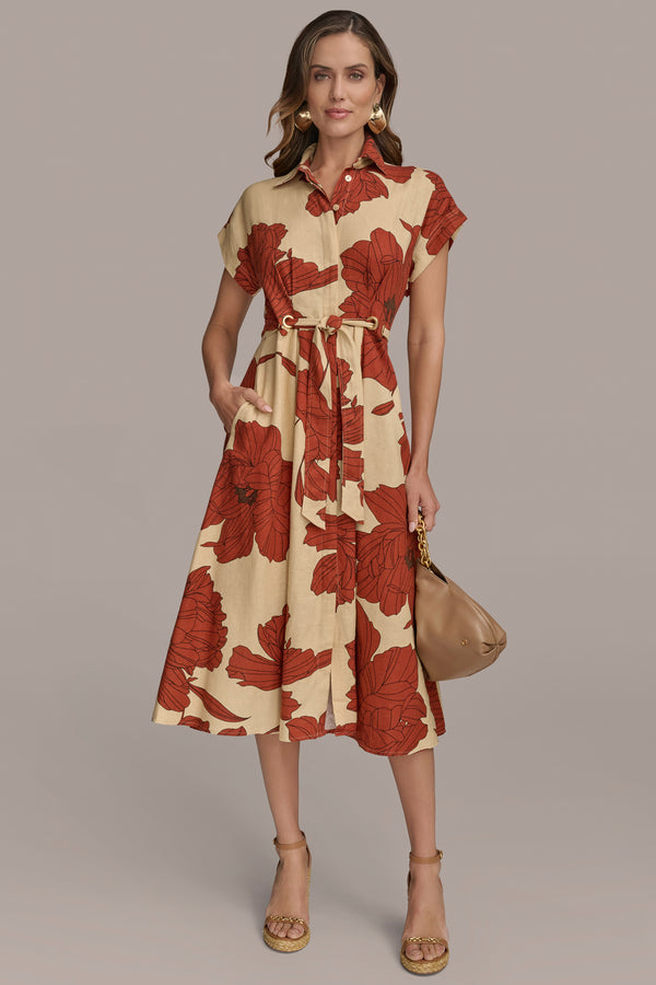 donna karan FLORAL LINEN-BLEND MIDI SHIRT DRESS Cinnamon Multi