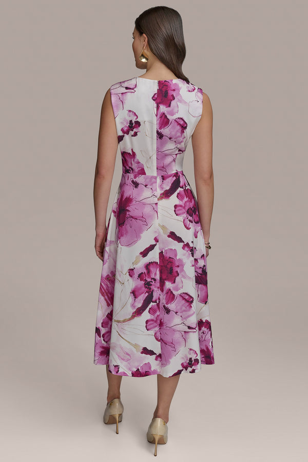 Donna Karan FLORAL SATIN GATHERED A-LINE DRESS Sangria Multi