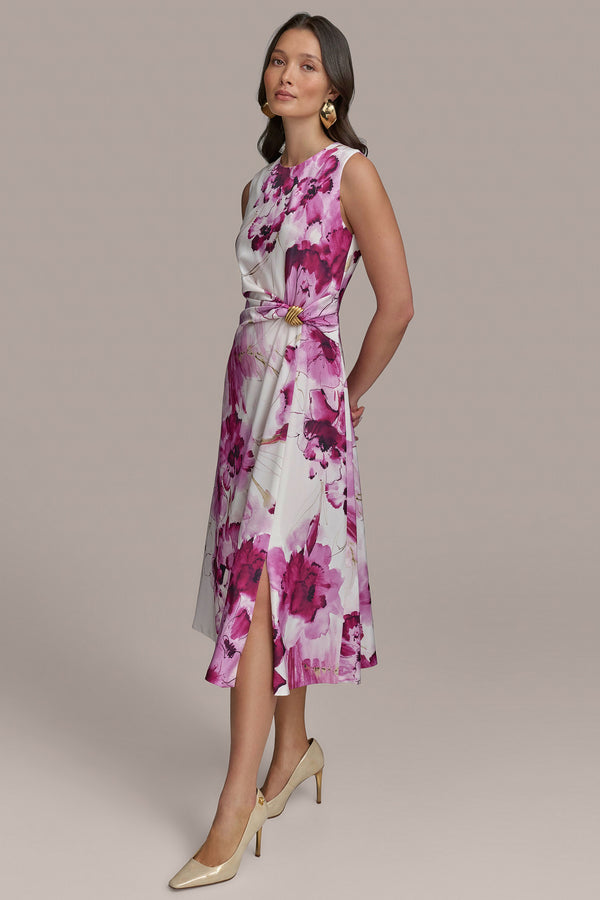 Donna Karan FLORAL SATIN GATHERED A-LINE DRESS Sangria Multi