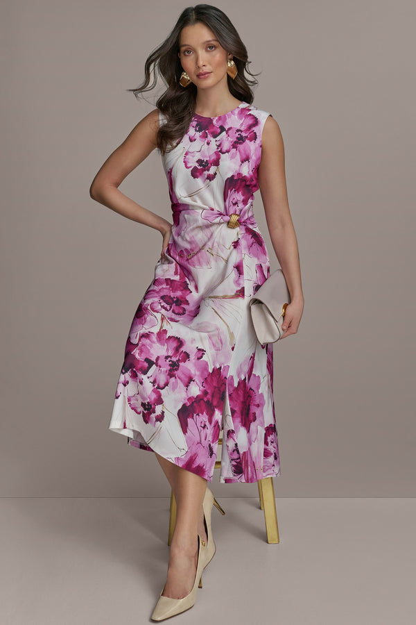 Donna Karan FLORAL SATIN GATHERED A-LINE DRESS Sangria Multi