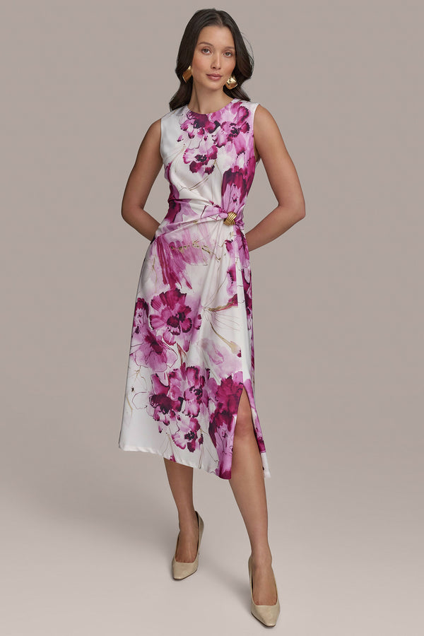 donna karan FLORAL SATIN GATHERED A-LINE DRESS Sangria Multi