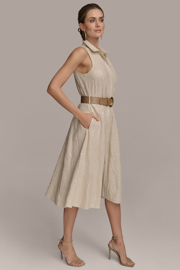 Donna Karan FLORAL SEQUIN-EMBELLISHED MIDI SHIRT DRESS Sand