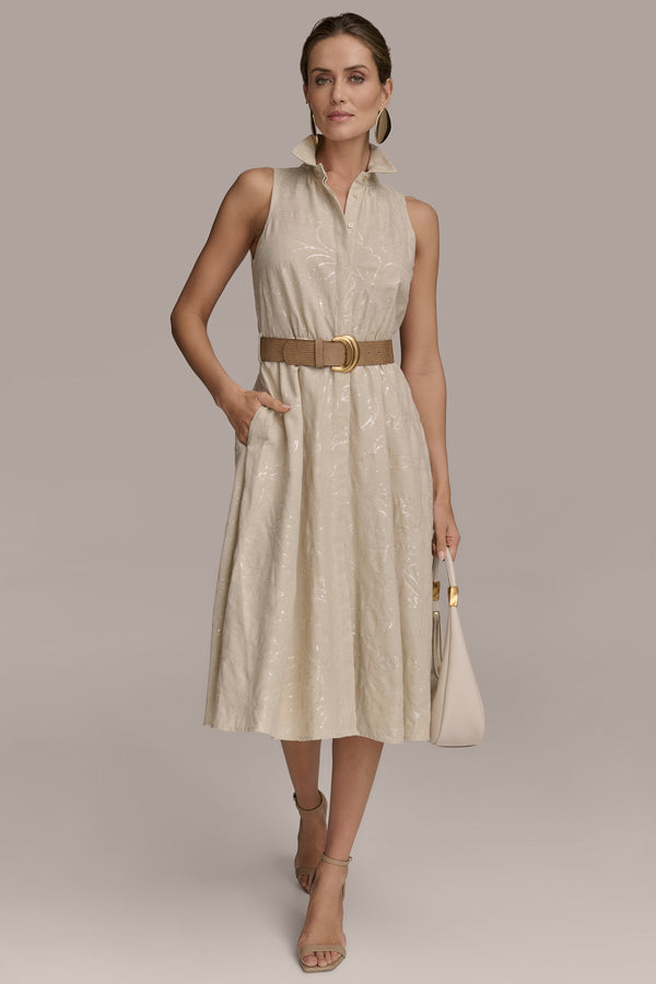 Donna Karan FLORAL SEQUIN-EMBELLISHED MIDI SHIRT DRESS Sand