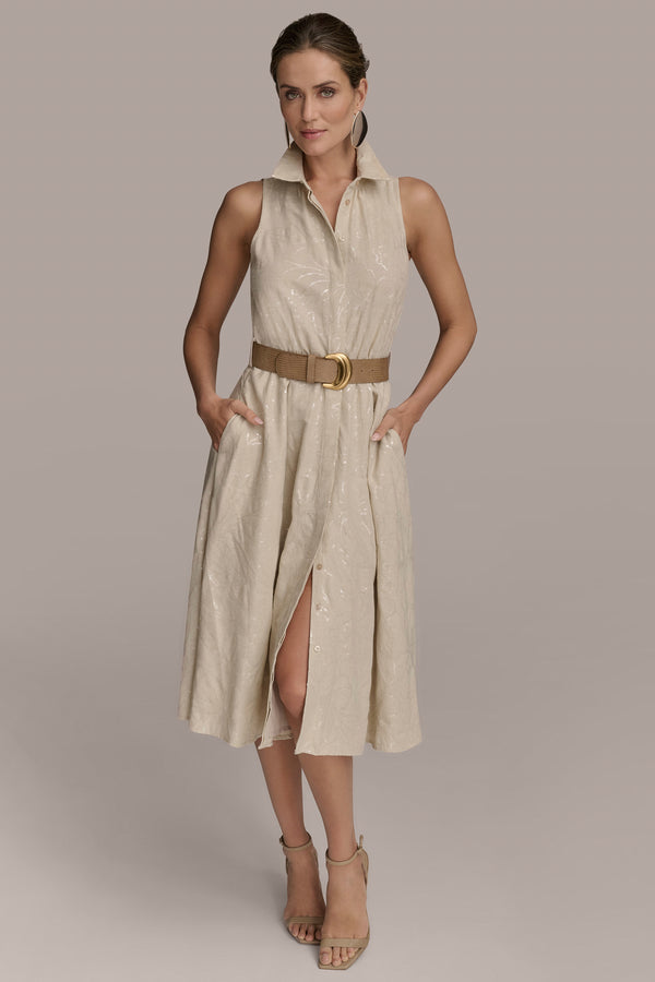 donna karan FLORAL SEQUIN-EMBELLISHED MIDI SHIRT DRESS Sand