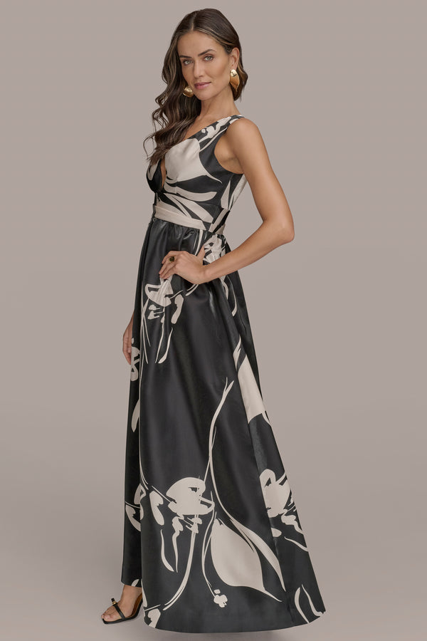 Donna Karan FLORAL SHIMMER MIKADO BALL GOWN BLACK/LIGHT CANVAS