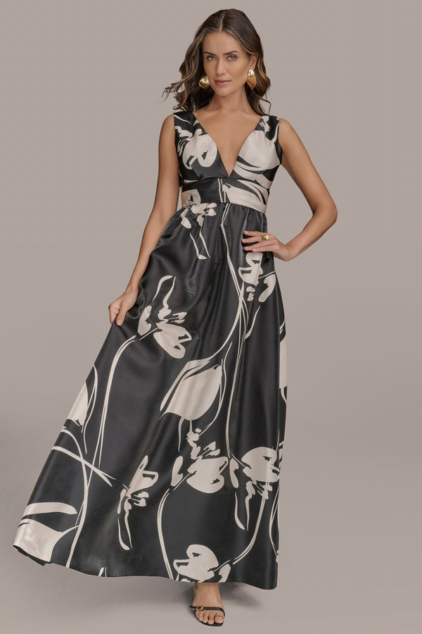 Donna Karan FLORAL SHIMMER MIKADO BALL GOWN BLACK/LIGHT CANVAS