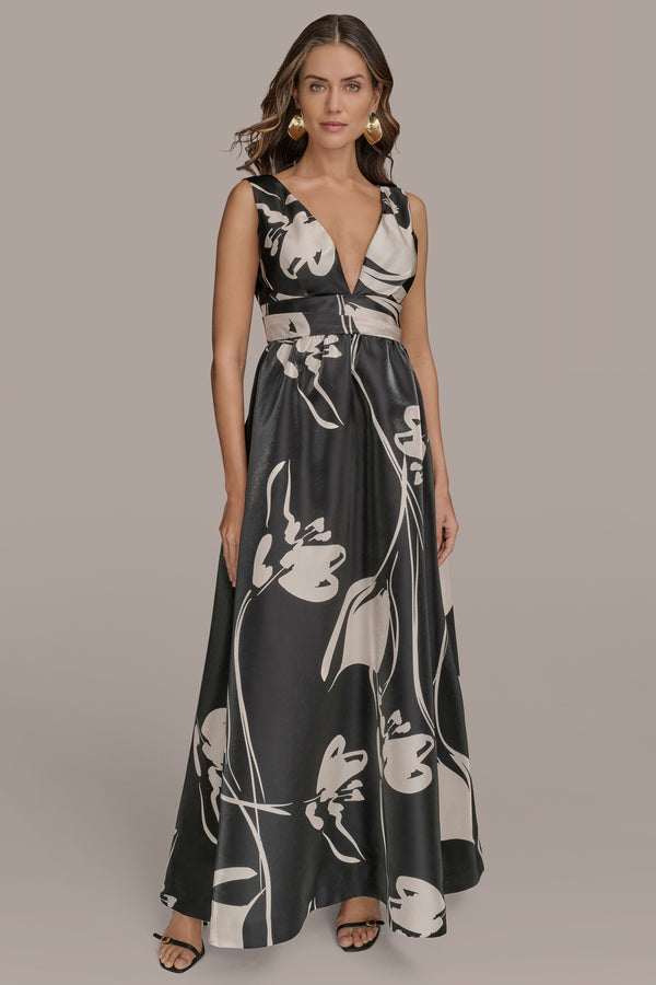 donna karan FLORAL SHIMMER MIKADO BALL GOWN BLACK/LIGHT CANVAS