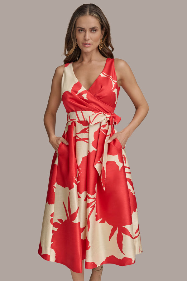 Donna Karan FLORAL WRAP-EFFECT A-LINE MIDI GOWN Beach Sand/Sahara