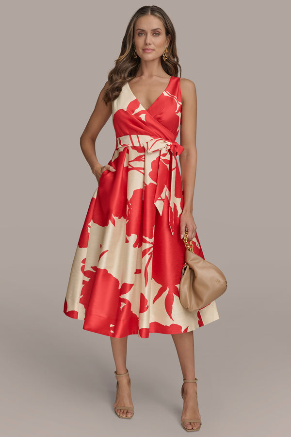 donna karan FLORAL WRAP-EFFECT A-LINE MIDI GOWN Beach Sand/Sahara