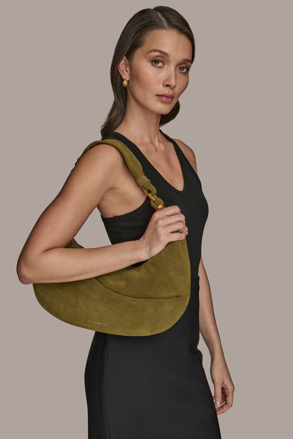 Donna Karan GABARDINE SUEDE SHOULDER BAG Smoky Olive