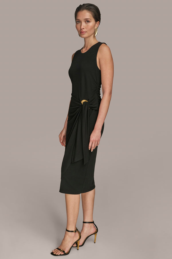 Donna Karan GATHERED EMBELLISHED MIDI SHEATH DRESS Black