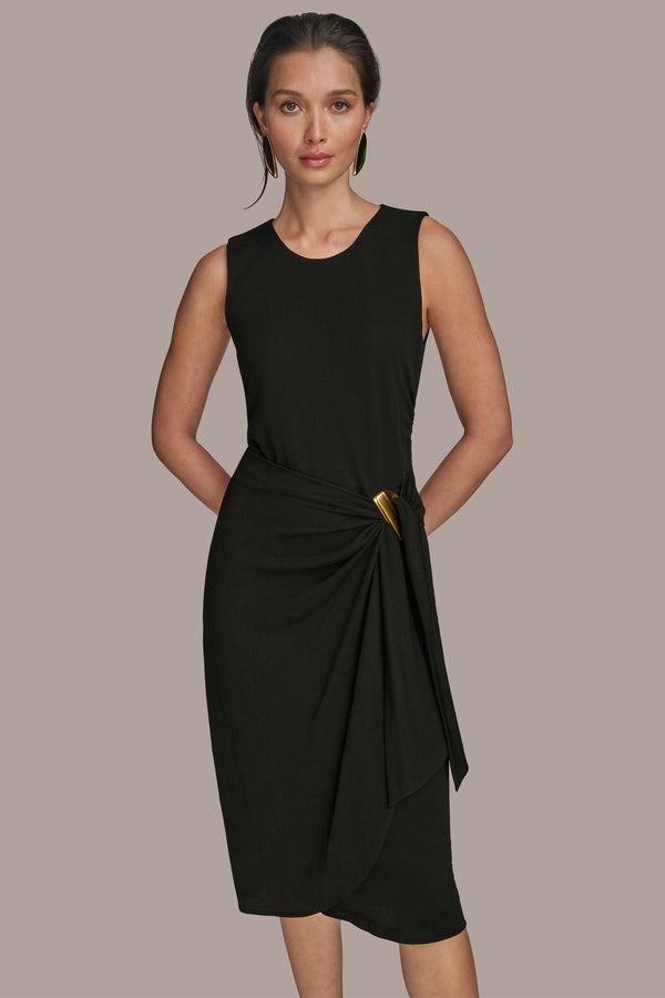Donna Karan GATHERED EMBELLISHED MIDI SHEATH DRESS Black