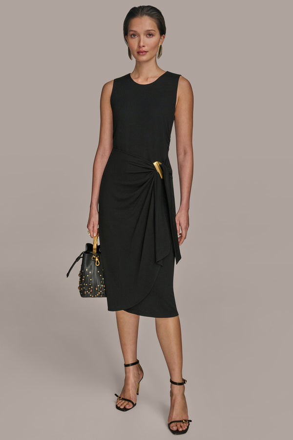 donna karan GATHERED EMBELLISHED MIDI SHEATH DRESS Black