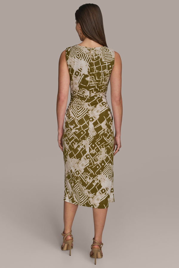 Donna Karan GATHERED EMBELLISHED MIDI SHEATH DRESS Smokey Olive Multi