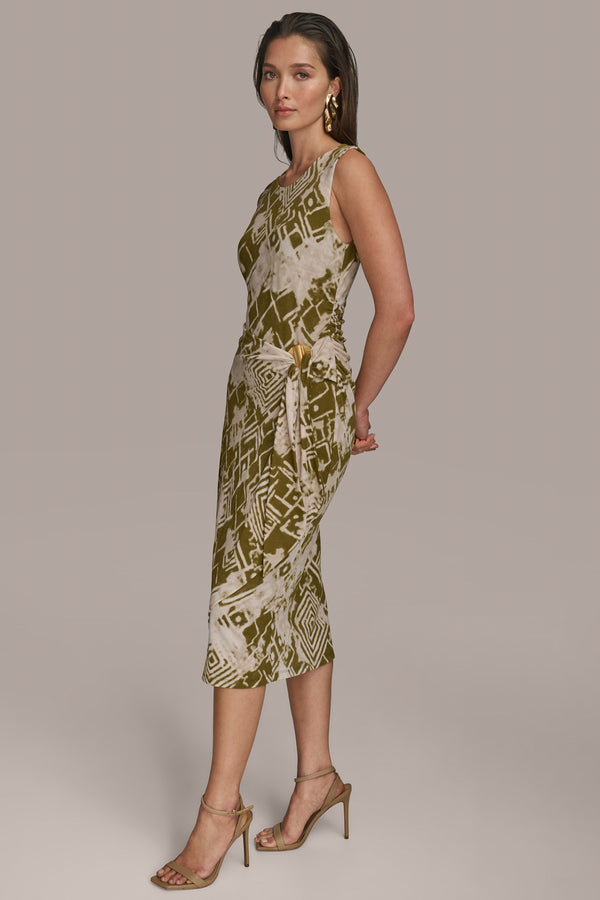 Donna Karan GATHERED EMBELLISHED MIDI SHEATH DRESS Smokey Olive Multi