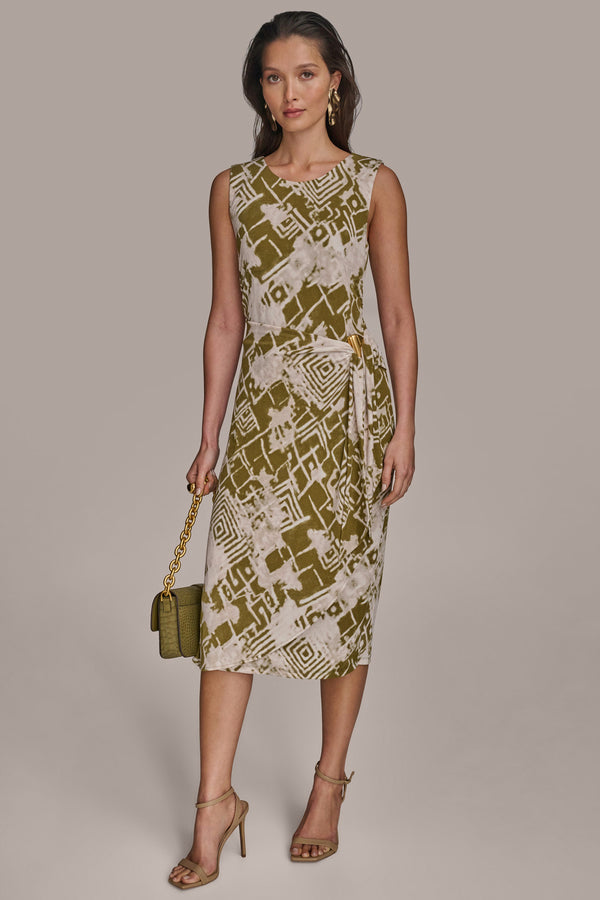 donna karan GATHERED EMBELLISHED MIDI SHEATH DRESS Smokey Olive Multi