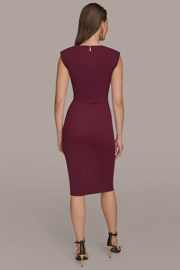 Donna Karan GATHERED SPLIT-FRONT MIDI SHEATH DRESS BERRY