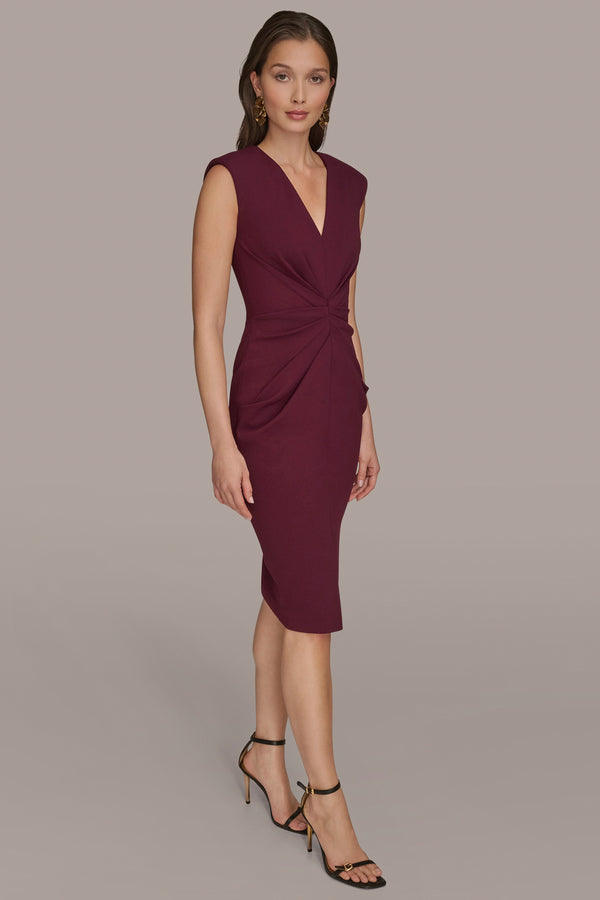 Donna Karan GATHERED SPLIT-FRONT MIDI SHEATH DRESS BERRY