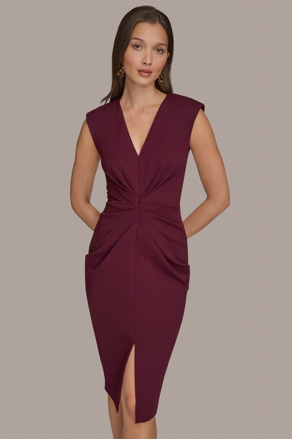 Donna Karan GATHERED SPLIT-FRONT MIDI SHEATH DRESS BERRY