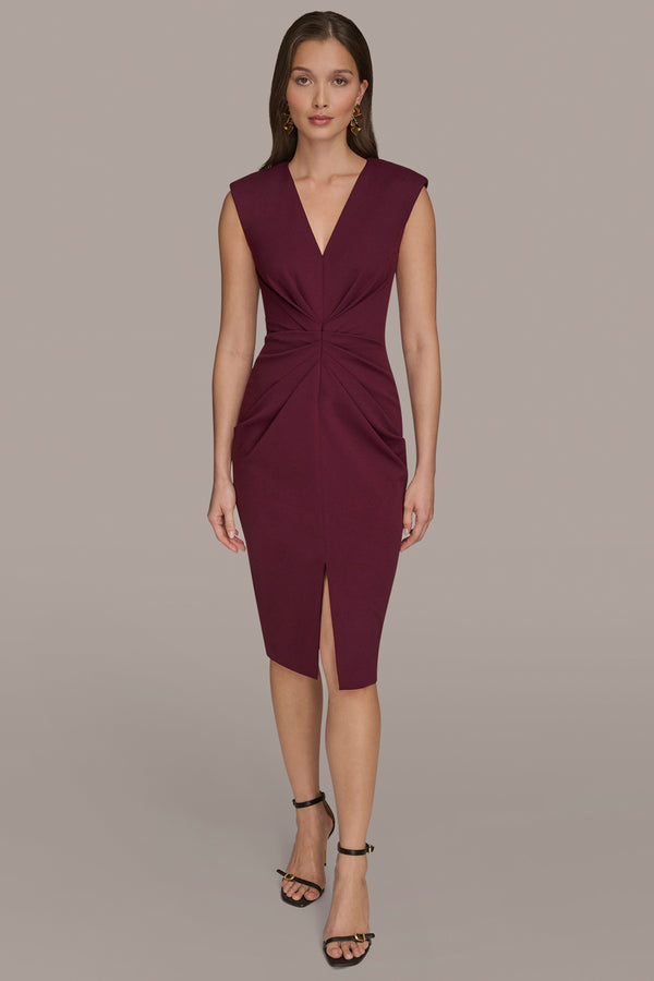 donna karan GATHERED SPLIT-FRONT MIDI SHEATH DRESS BERRY