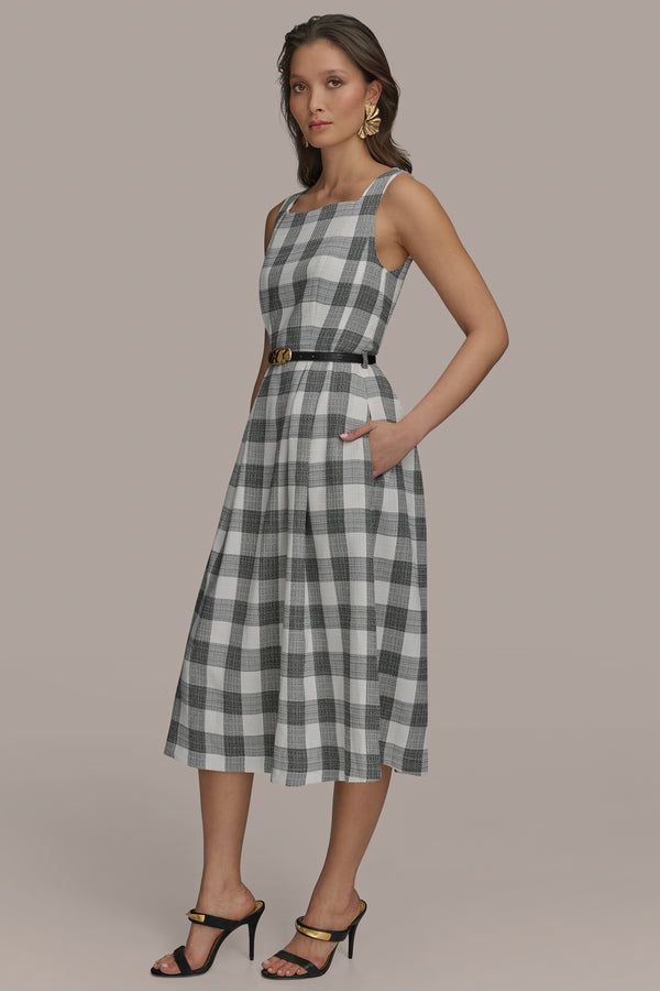 Donna Karan GINGHAM FIT AND FLARE DRESS Gingham Black/Cream