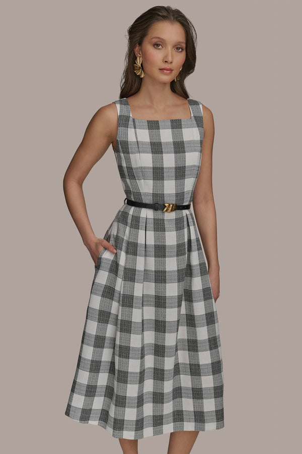 Donna Karan GINGHAM FIT AND FLARE DRESS Gingham Black/Cream