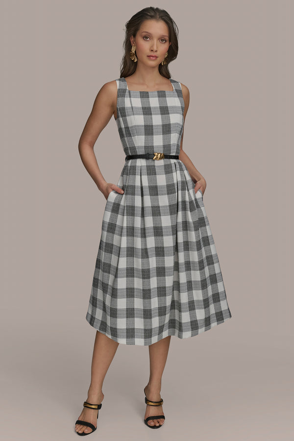 donna karan GINGHAM FIT AND FLARE DRESS Gingham Black/Cream