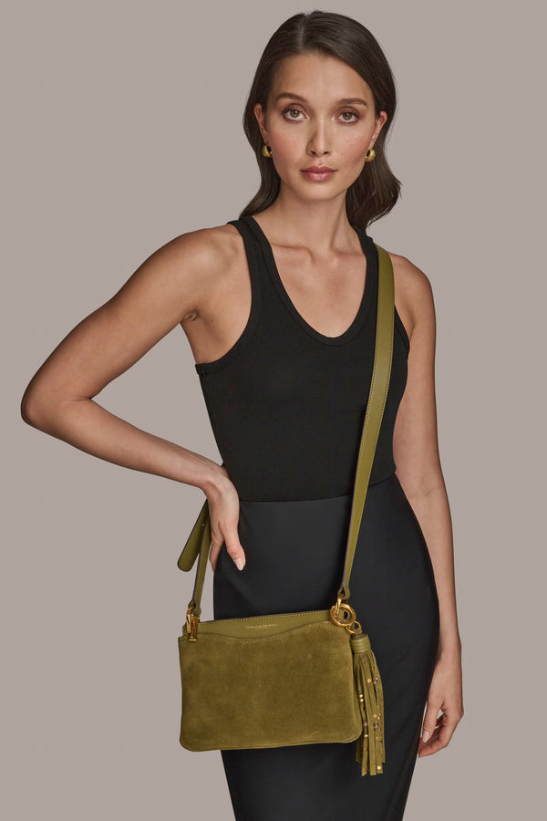 Donna Karan GLENWOOD SUEDE CROSSBODY BAG Smoky Olive