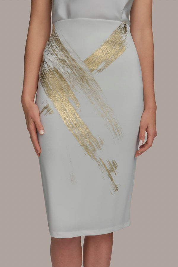 Donna Karan KNIT SKIRT WITH BRUSHSTROKE PRINT CREAM/GOLD