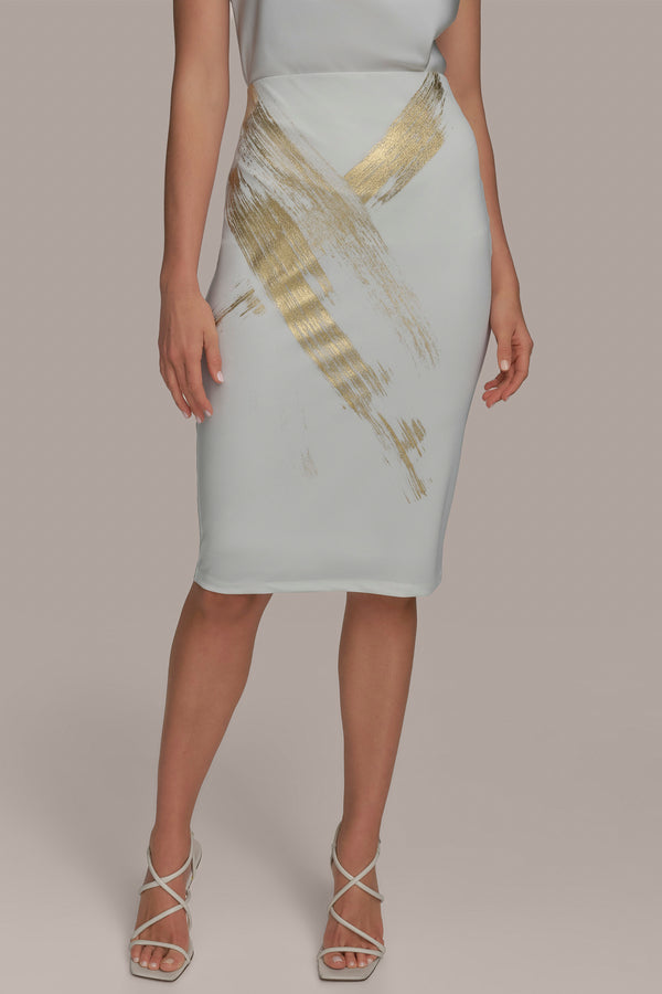 donna karan KNIT SKIRT WITH BRUSHSTROKE PRINT CREAM/GOLD