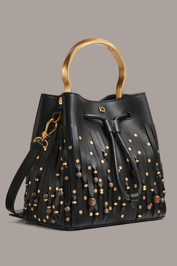 Donna Karan LAWRENCE BEADED LASER-CUT BUCKET BAG Black / Gold