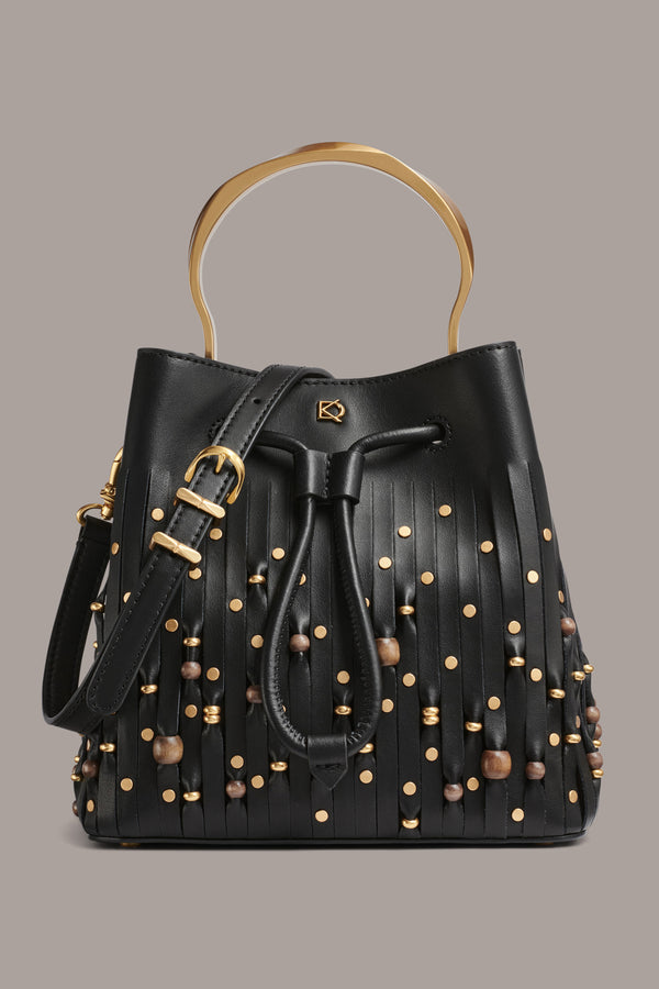 donna karan LAWRENCE BEADED LASER-CUT BUCKET BAG Black / Gold