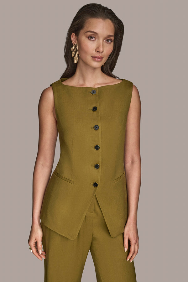 donna karan LINEN-BLEND BOAT-NECK VEST Smokey Olive