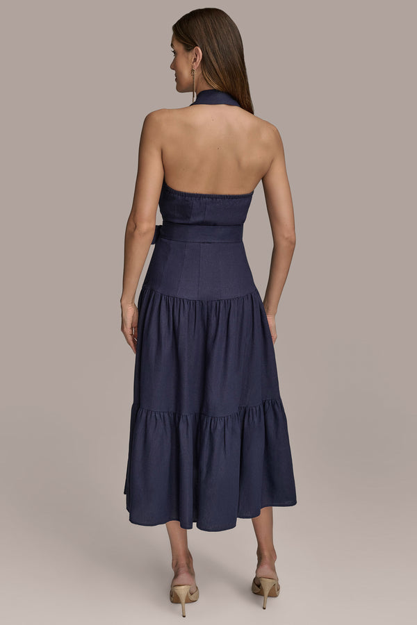 Donna Karan LINEN-BLEND MIDI HALTER SHIRT DRESS Ink