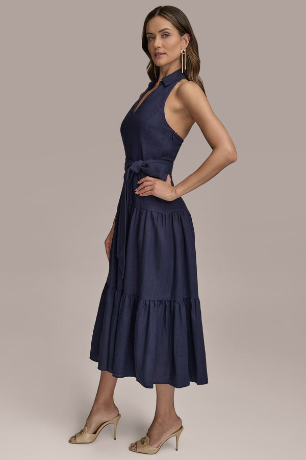 Donna Karan LINEN-BLEND MIDI HALTER SHIRT DRESS Ink