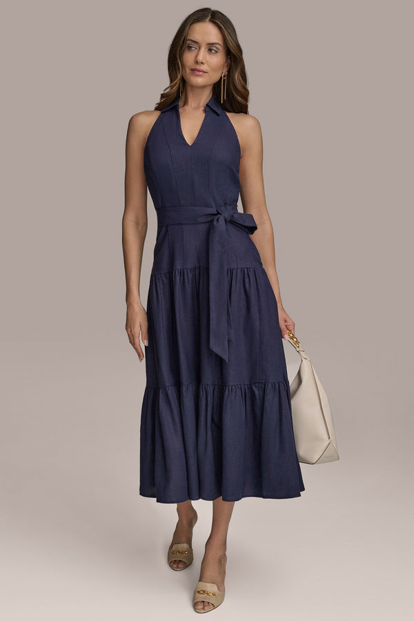 Donna Karan LINEN-BLEND MIDI HALTER SHIRT DRESS Ink