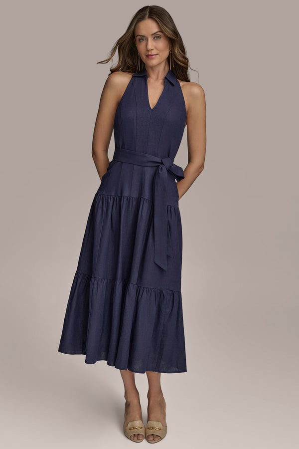 donna karan LINEN-BLEND MIDI HALTER SHIRT DRESS Ink