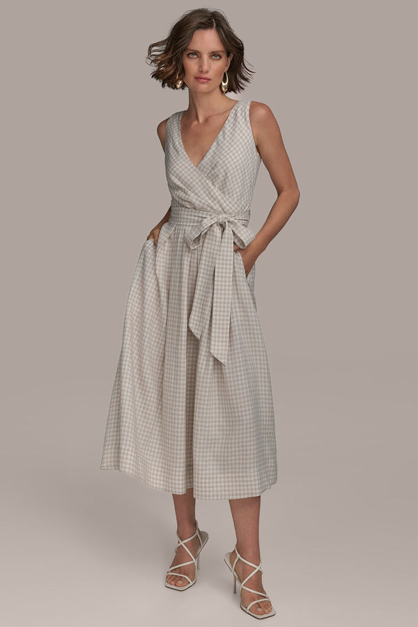 donna karan LINEN FIT AND FLARE DRESS Tuscan Grey/Cream