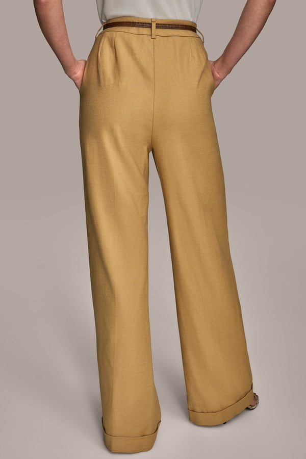 Donna Karan LINEN FULL LENGTH WIDE LEG PANT WITH BELT Fawn