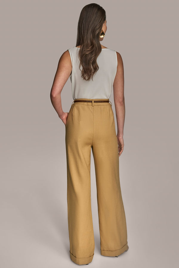 Donna Karan LINEN FULL LENGTH WIDE LEG PANT WITH BELT Fawn