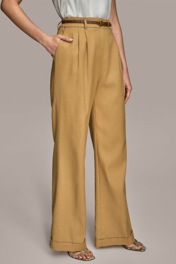 Donna Karan LINEN FULL LENGTH WIDE LEG PANT WITH BELT Fawn