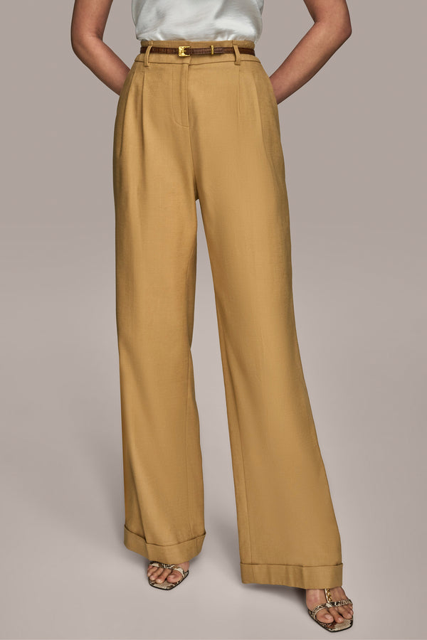 donna karan LINEN FULL LENGTH WIDE LEG PANT WITH BELT Fawn