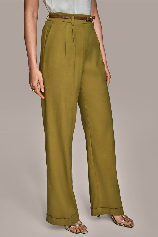 Donna Karan LINEN FULL LENGTH WIDE LEG PANT WITH BELT SMOKY OLIVE
