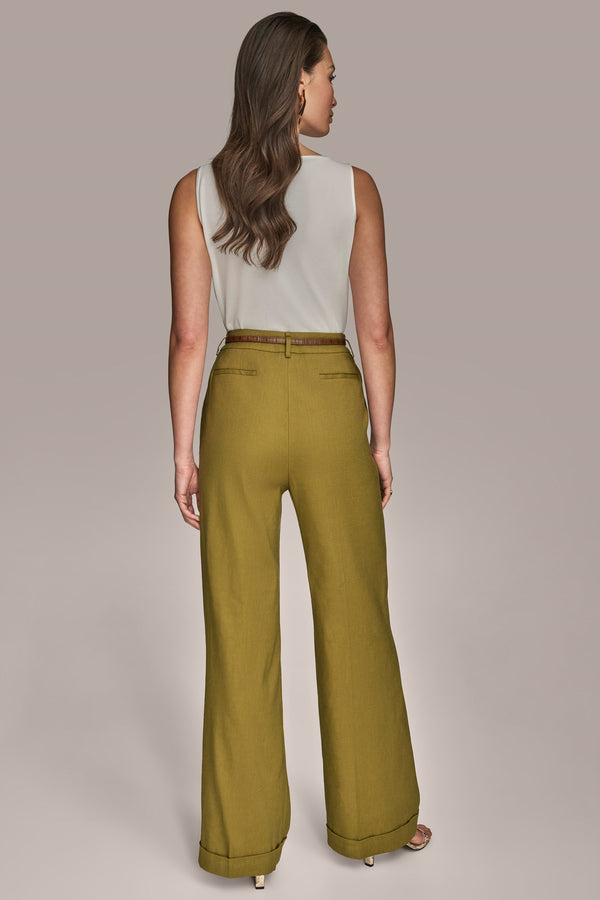 Donna Karan LINEN FULL LENGTH WIDE LEG PANT WITH BELT SMOKY OLIVE