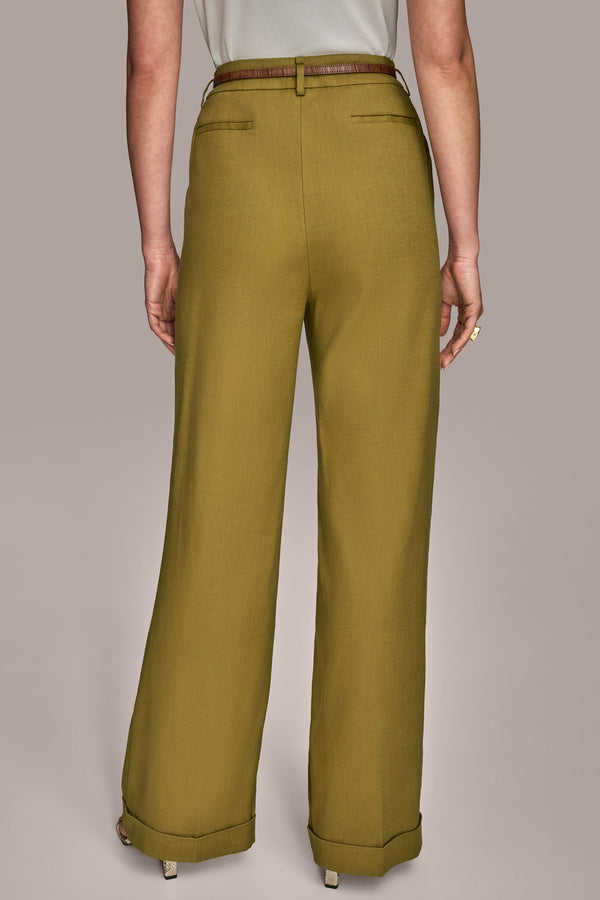Donna Karan LINEN FULL LENGTH WIDE LEG PANT WITH BELT SMOKY OLIVE