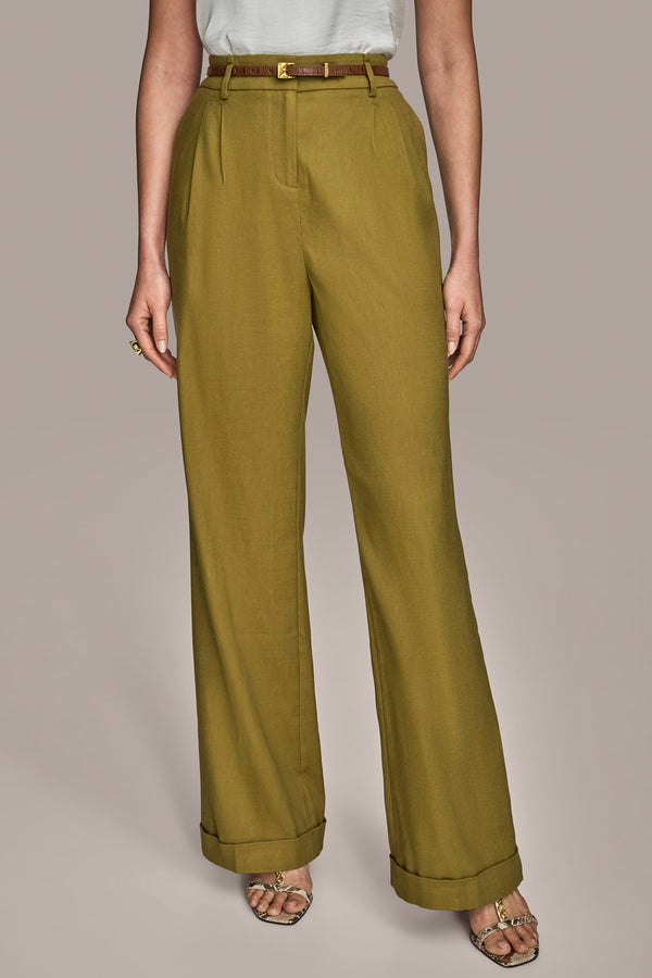 donna karan LINEN FULL LENGTH WIDE LEG PANT WITH BELT SMOKY OLIVE