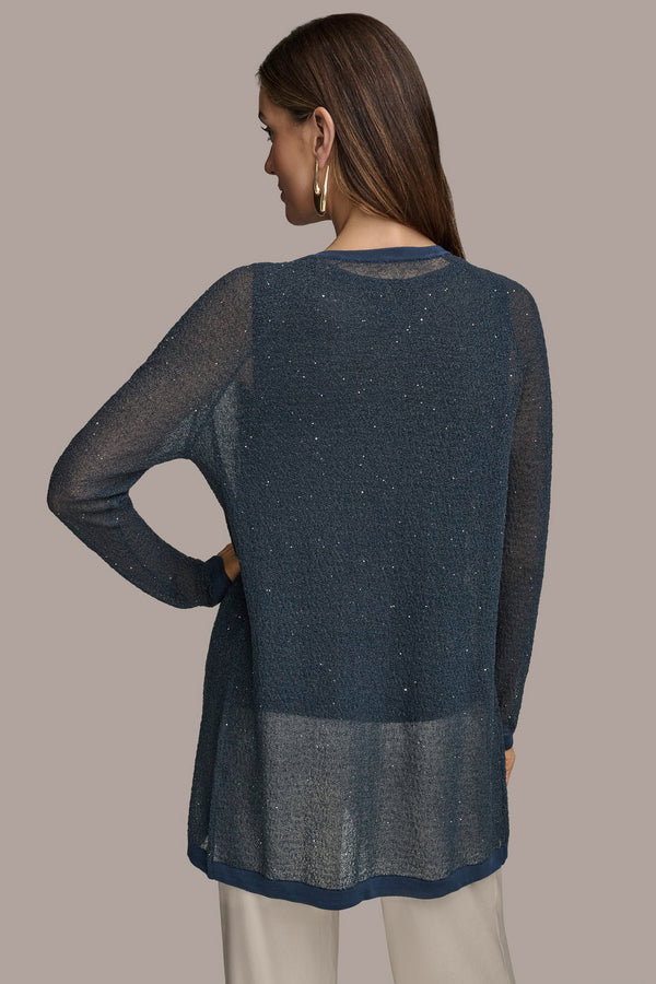 Donna Karan LONG SEQUINED BOUCLÉ KNIT CARDIGAN Tide Navy