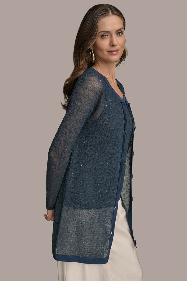 Donna Karan LONG SEQUINED BOUCLÉ KNIT CARDIGAN Tide Navy