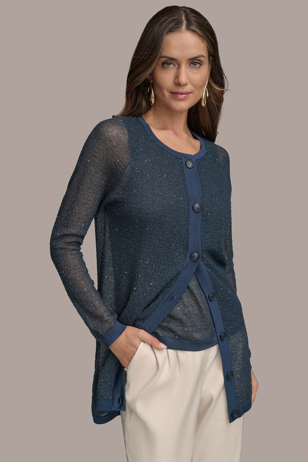 Donna Karan LONG SEQUINED BOUCLÉ KNIT CARDIGAN Tide Navy