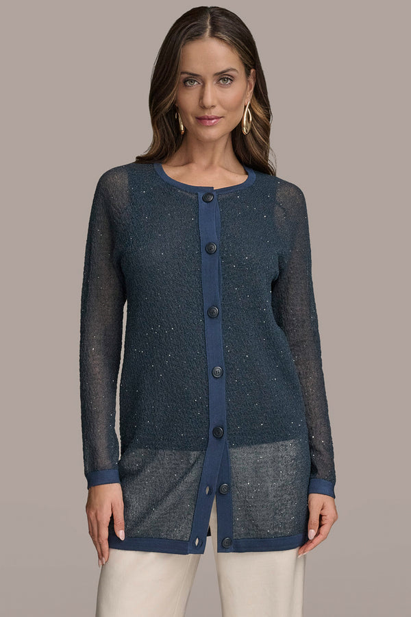donna karan LONG SEQUINED BOUCLÉ KNIT CARDIGAN Tide Navy